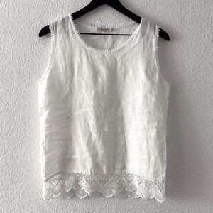 Anthropologie Laura Bianchi White Linen Tank Blouse Top Crochet Lace Trim Size S